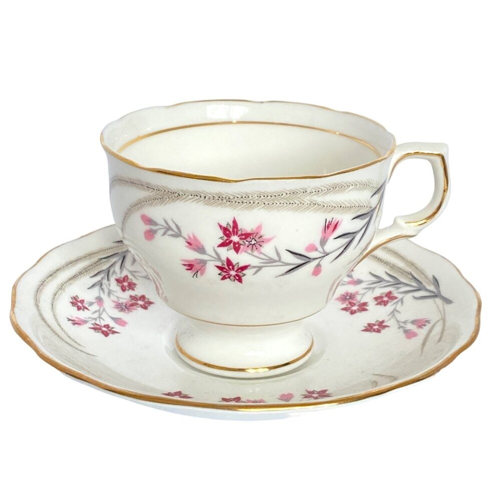 Mayfair England Pink Flower Footed Teacup Saucer Bone China No1932 Gold Trim